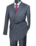 Verona Collection – Gray Modern Fit Double-Breasted Windowpane Suit - Upscale Men's Fashion