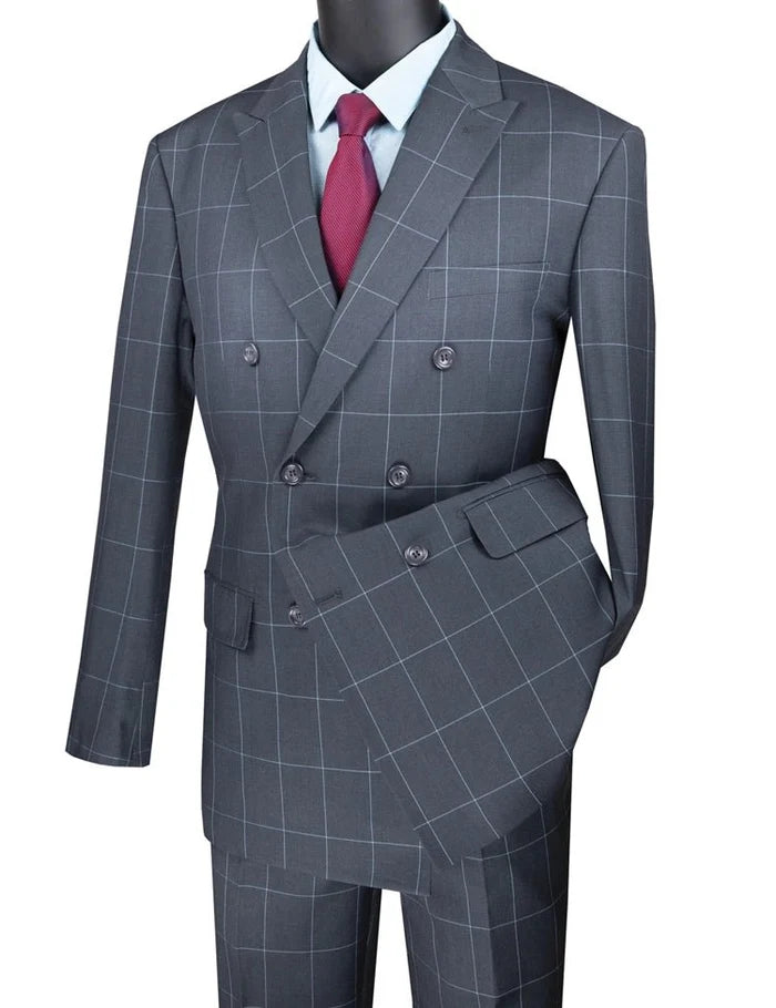 Verona Collection – Gray Modern Fit Double-Breasted Windowpane Suit - Upscale Men's Fashion