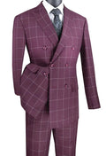Verona Collection – Wine Modern Fit Double-Breasted Windowpane Suit - Upscale Men's Fashion