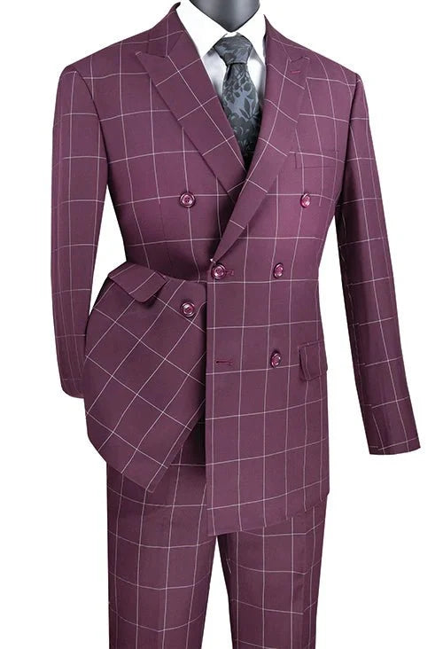 Verona Collection – Wine Modern Fit Double-Breasted Windowpane Suit - Upscale Men's Fashion