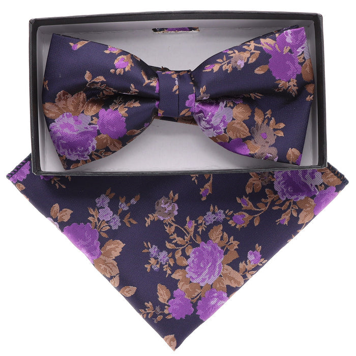 Vittorio Farina Men's Floral Design Satin Bow Tie & Pocket Square in Gift Box - Upscale Men's Fashion