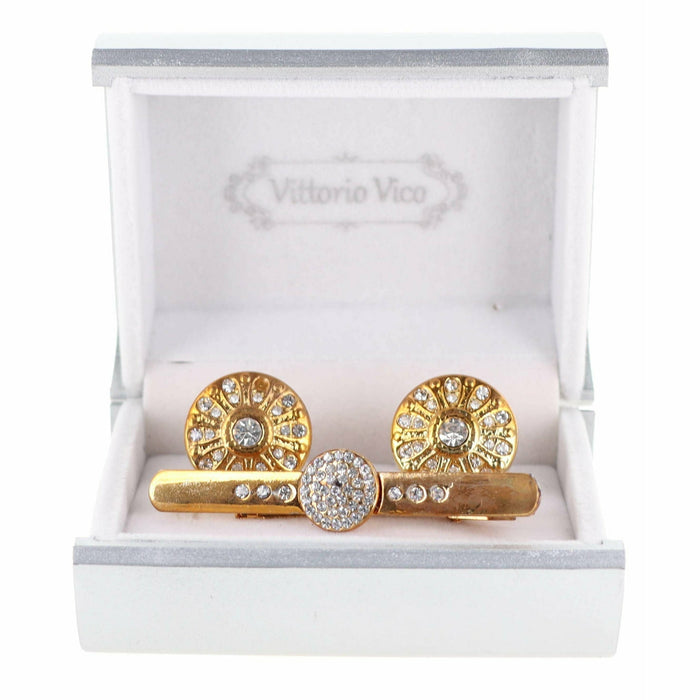 Vittorio Vico Gold Rhinestone Cufflinks & Tie Bar Set in Gift Box - Upscale Men's Fashion