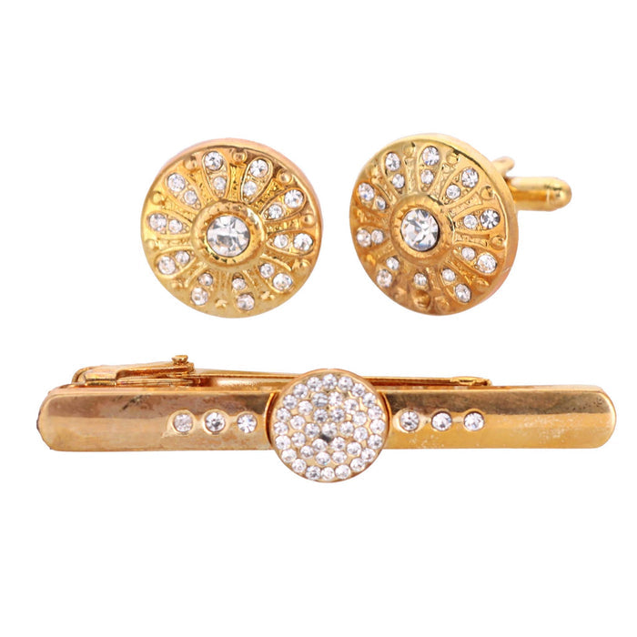 Vittorio Vico Gold Rhinestone Cufflinks & Tie Bar Set in Gift Box - Upscale Men's Fashion