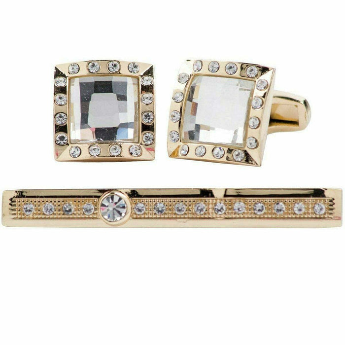 Vittorio Vico Gold Rhinestone Cufflinks & Tie Bar Set in Gift Box - Upscale Men's Fashion