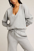 Heather grey waffle-knit deep V pullover with drawstring jogger pants