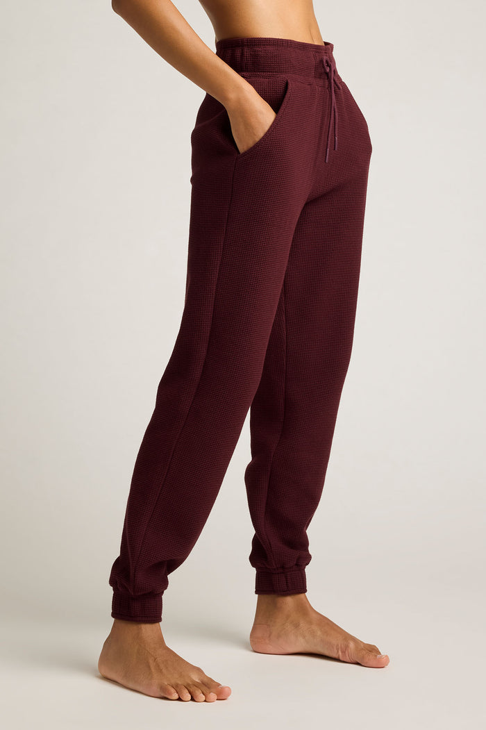Garnet waffle knit jogger pants with side seam pockets and drawstring hem