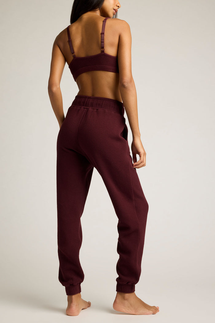 Garnet waffle knit jogger pants, full-length with elastic ankle cuffs