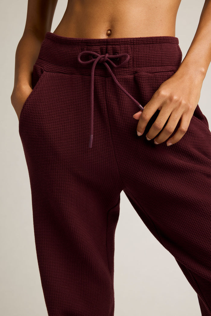Garnet waffle knit jogger pants with laced drawstring waistband detail