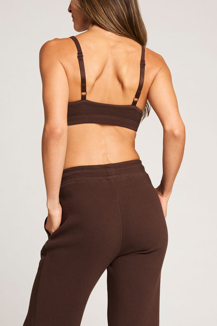 Espresso waffle-knit lounge bralette with adjustable straps and scoop back