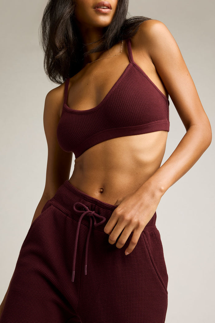 Waffle knit lounge bralette in garnet with scoop front and elastic underband
