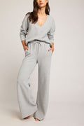 Heather grey waffle knit track pants, drawstring waist, wide straight legs