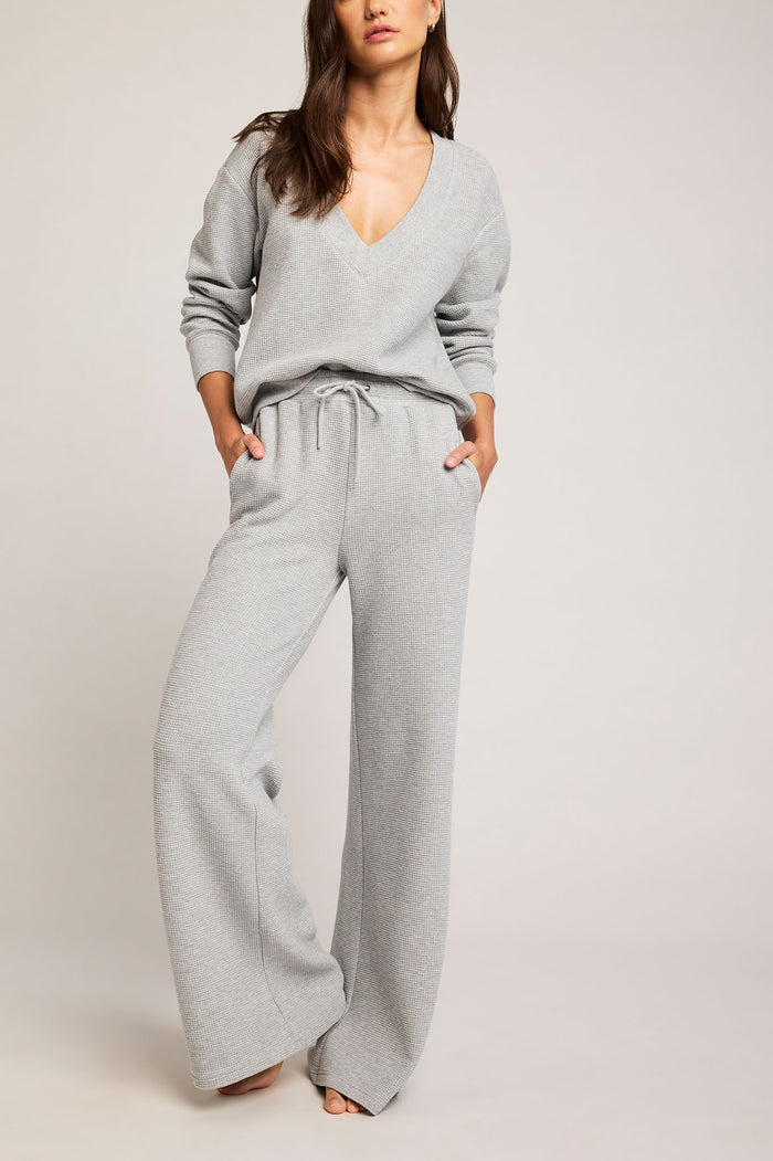 Heather grey waffle knit track pants, drawstring waist, wide straight legs