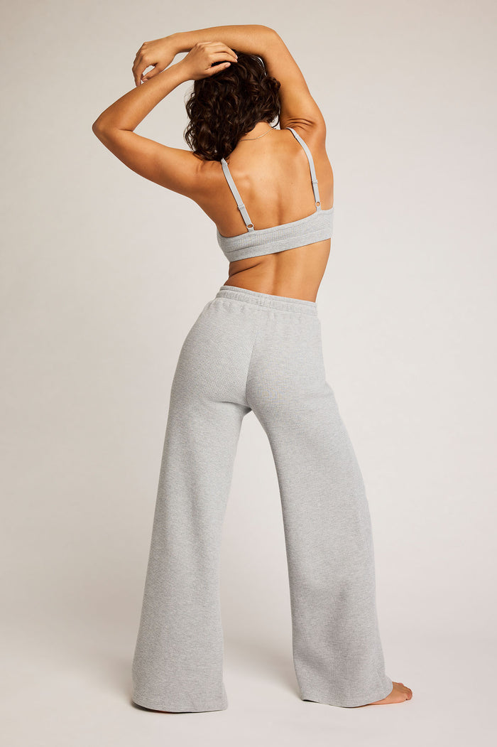 Heather grey waffle knit track pants, full back view, wide straight leg fit