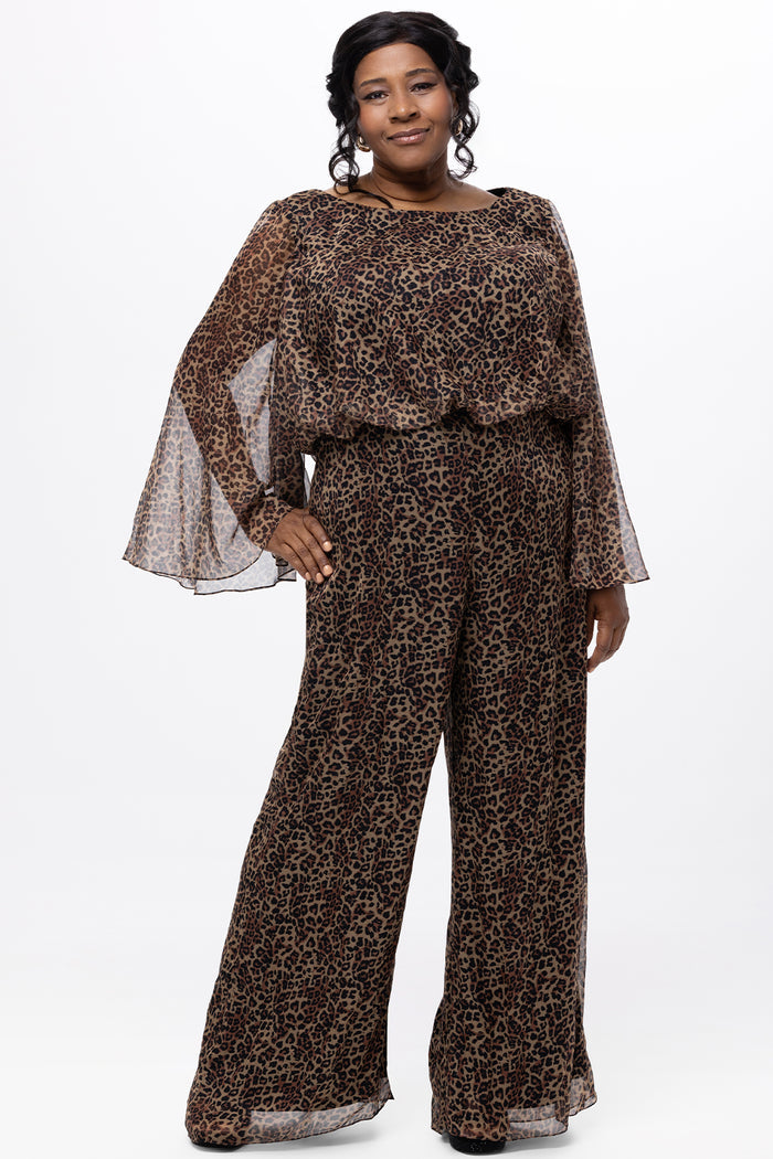 Plus size one-piece animal print jumpsuit. Long flowy chiffon sleeves and blouson bodice, elastic waist, and wide-leg pants. Center back zipper and scoop neckline. CE2607 available in sizes 14-28 in animal print. Celebration's by Sydney's Closet.