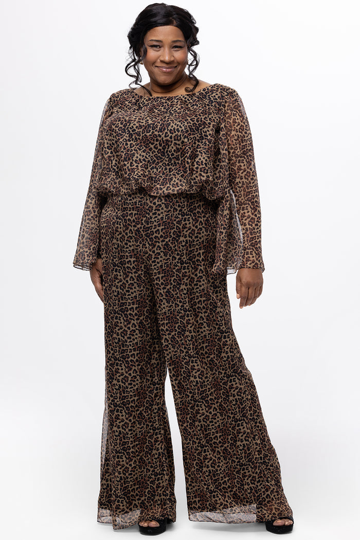 Plus size one-piece animal print jumpsuit. Long flowy chiffon sleeves and blouson bodice, elastic waist, and wide-leg pants. Center back zipper and scoop neckline. CE2607 available in sizes 14-28 in animal print. Celebration's by Sydney's Closet.