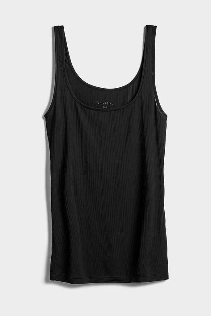 Black ribbed sleeveless A-top with scoop neckline and straight hem