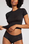 Black fitted baby tee with crew neck and short sleeves