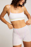 Ribbed white boxer briefs with multicolor trim and front tie detail