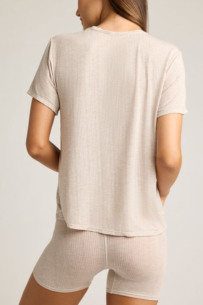 Sand short-sleeve crewneck tee, back view, textured knit with relaxed fit