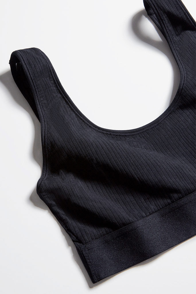 Black whipped non-wire bra top with ribbed fabric and wide underband