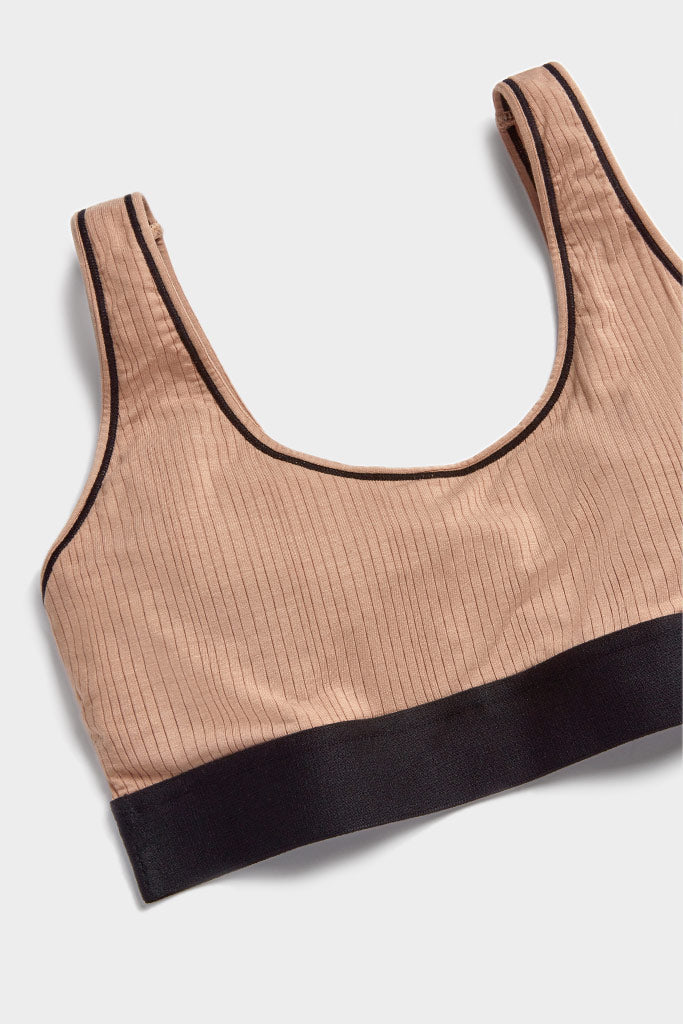 Buff ribbed non-wire bralette with black underband and scoop neckline