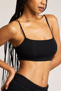 Black whipped bralette, wide back band and thin straps with ruched ribbed fabric