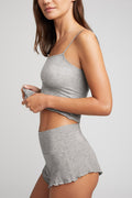 Heather grey ribbed camisole with thin straps and ruffled hem