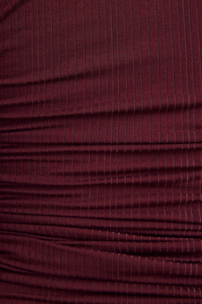 Garnet ribbed knit henley fabric with fine vertical texture