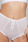 White ribbed high-rise briefs with sheer panels and two-button front placket