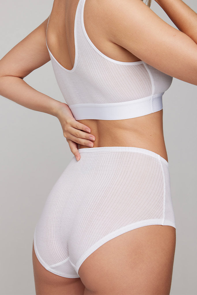 White ribbed high-rise underwear with sheer sides and elastic waistband