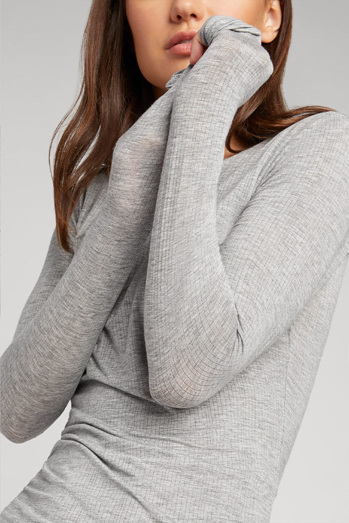 Heather grey long-sleeve henley top with textured knit and scoop neck