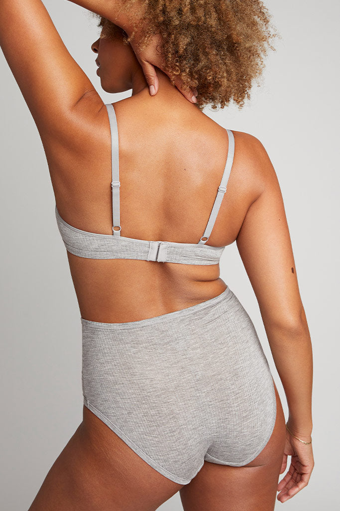 Heather grey non-wire whipped bra with adjustable straps, racer back.