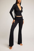 Black ribbed roll-down flared pants with ruched waistband