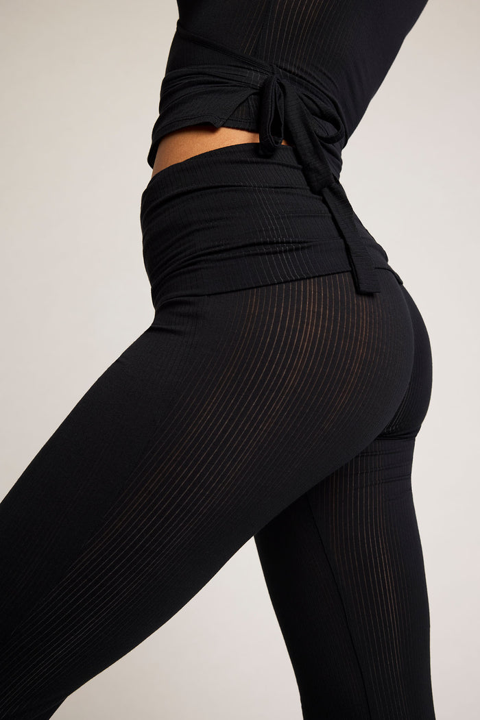 Black ribbed pull-on flared pants with side ruched detail