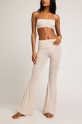 Sand ribbed roll-down flared pants with wide waistband, full length
