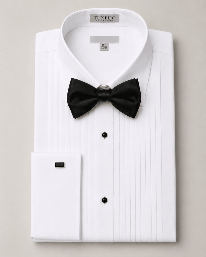 White Pointed Collar Pleated Tuxedo Shirt - Upscale Men's Fashion