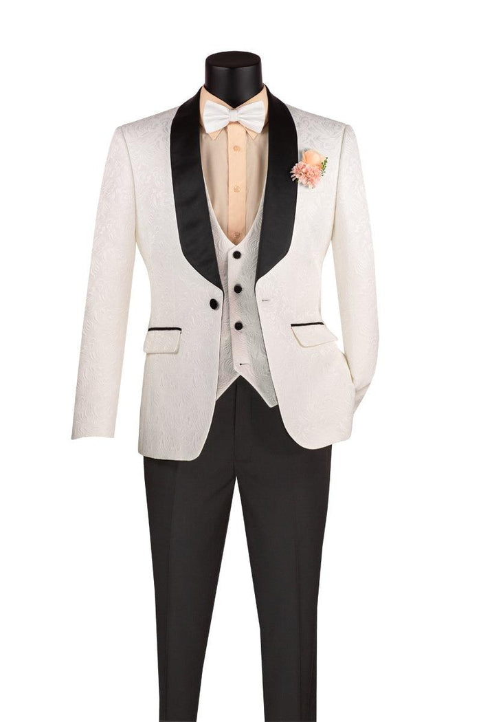 White Slim Fit Jacquard 3-Piece Tuxedo with Shawl Lapel – Rivoli Collection - Upscale Men's Fashion