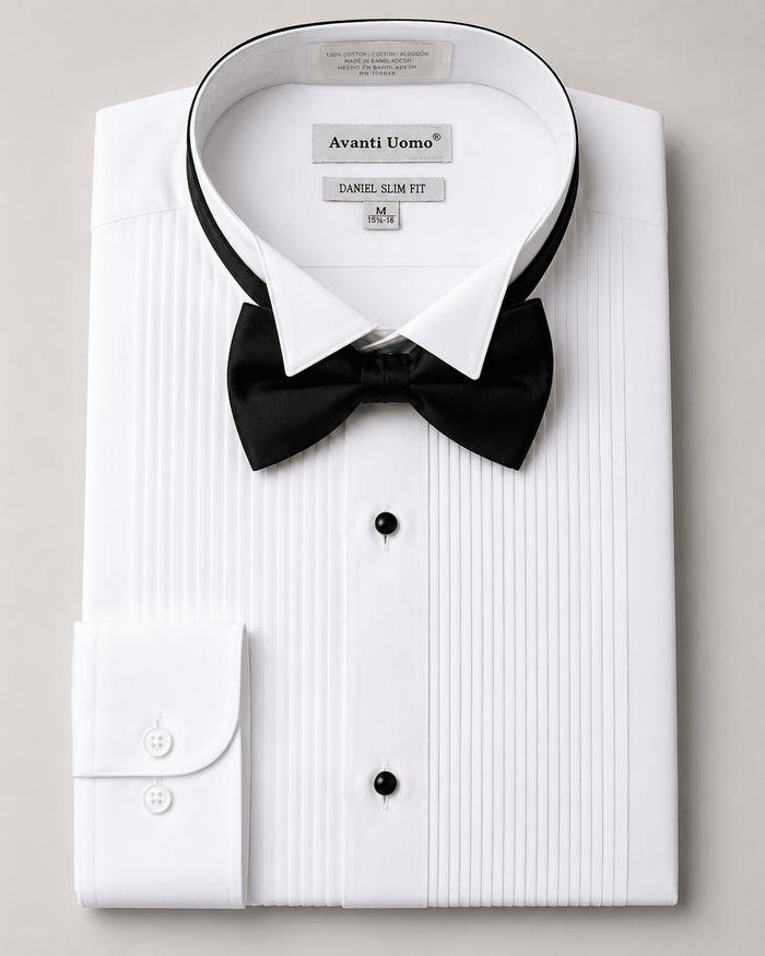 White Slim Fit Pleated Tuxedo Shirt - Upscale Men's Fashion