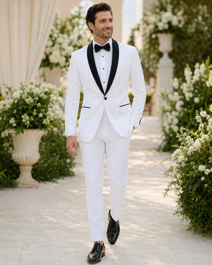 White Slim Fit Tuxedo with Black Shawl Lapel & White Pants - Upscale Men's Fashion