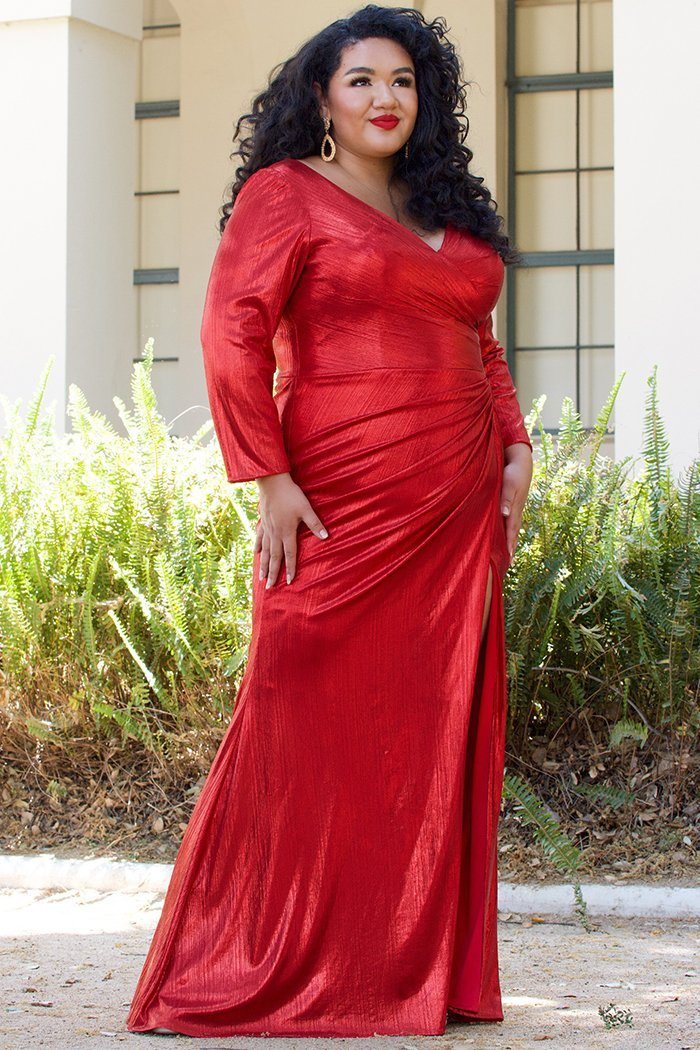 Wild at Heart Plus-Size Red Metallic Long Sleeve Formal Dress