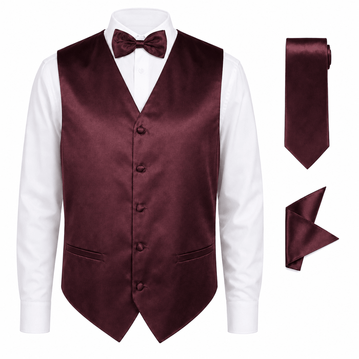 Wine Satin Tuxedo Vest Set - Upscale Men's Fashion
