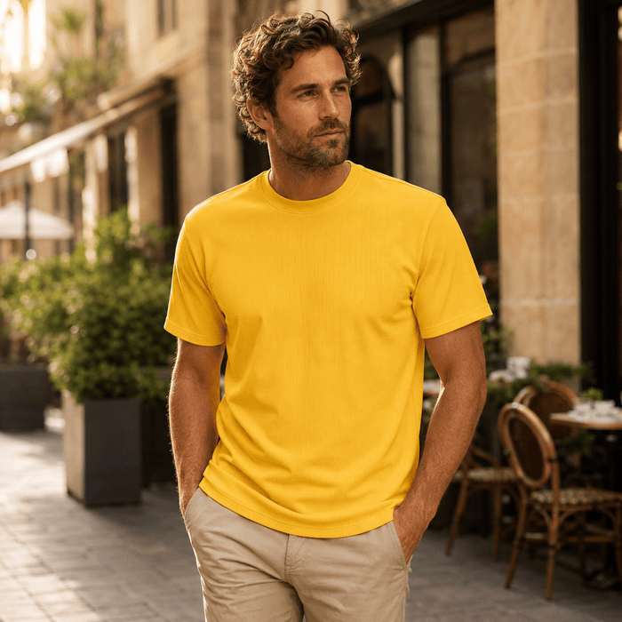Yellow Ribbed Regular Fit Crew Neck T-Shirt - Upscale Men's Fashion