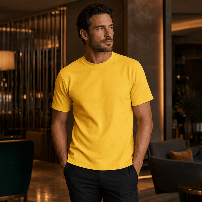 Yellow Ribbed Regular Fit Crew Neck T-Shirt - Upscale Men's Fashion
